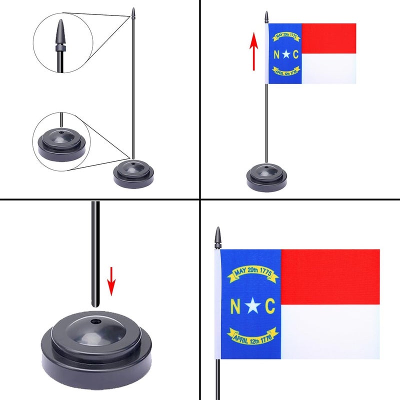 WXTWK 2 Pack USA North Carolina Flag North Carolina State Desk Flag Set - Mini Small North Carolina Table Office Flags with Black 12" Solid Pole Stand Base Classroom Meeting Desktop Decorations - Image 4